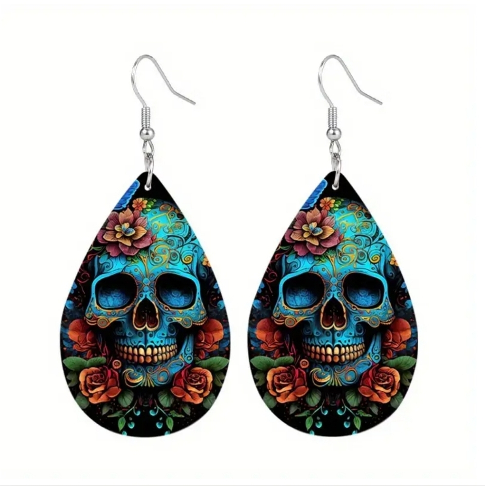 Sugar Skull Faux‎ Leather Earrings Blue Pop Art Dangle Teardrop Gothic Jewelry